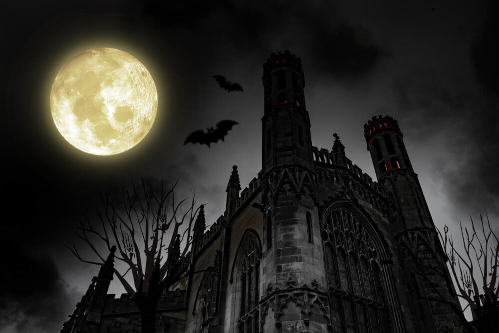 黒いシルエットの城と月の画像