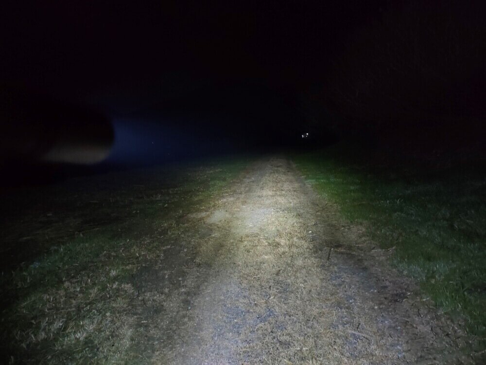 暗い道でライトを照らしている写真