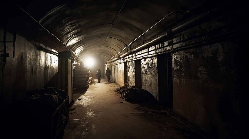 不気味なトンネルの中を歩く人たちの画像